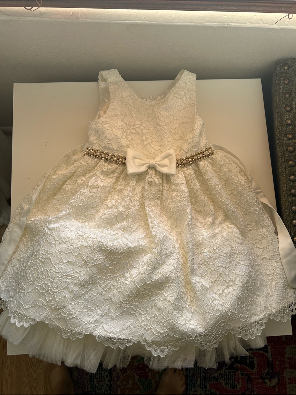 American Princess White Lace Dress with Pearl Bow Belt